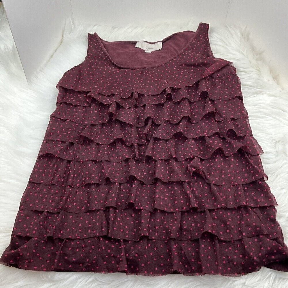 Ann Taylor Loft Top Women’s Small Burgundy Polka Dot Sleeveless Layered Ruffle